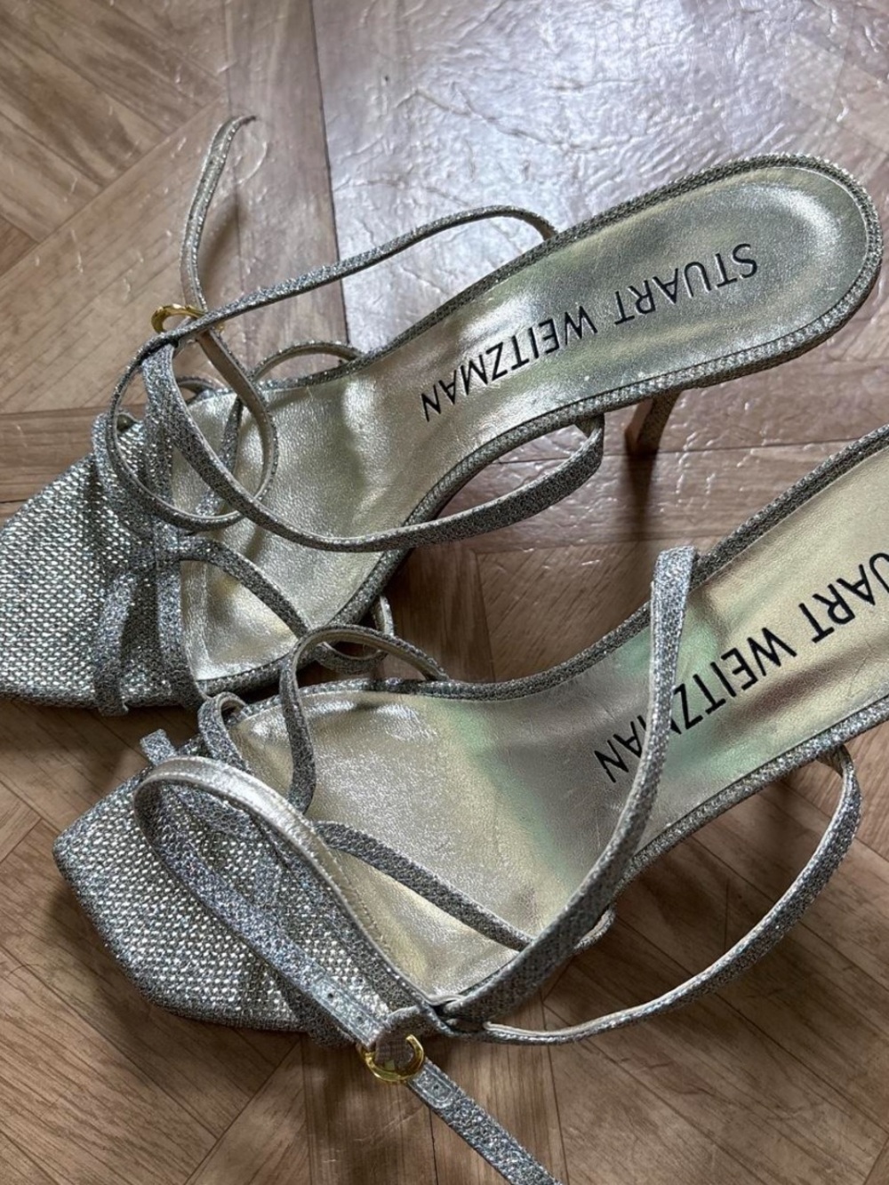 Stuart Weitzman Metallic Silver Strappy Heeled Sandals
